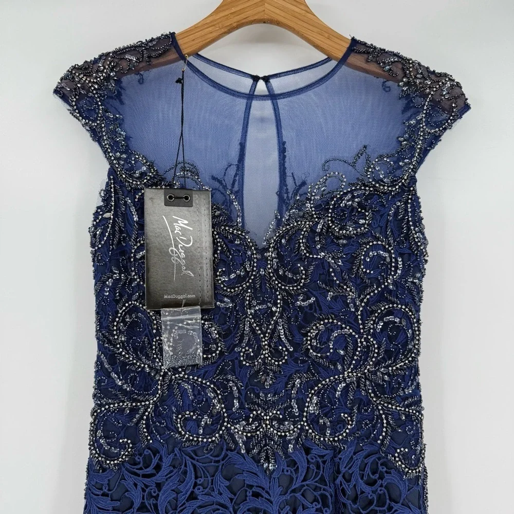 Mac Duggal Stunning Mesh Princess Beaded Lace Midnight Mermaid Maxi Gown Size 8